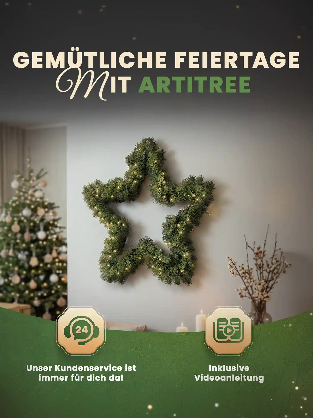 Couronne de Noël artificielle en forme d’étoile avec éclairage LED, accrochée de façon décorative à un mur clair dans un salon chaleureux