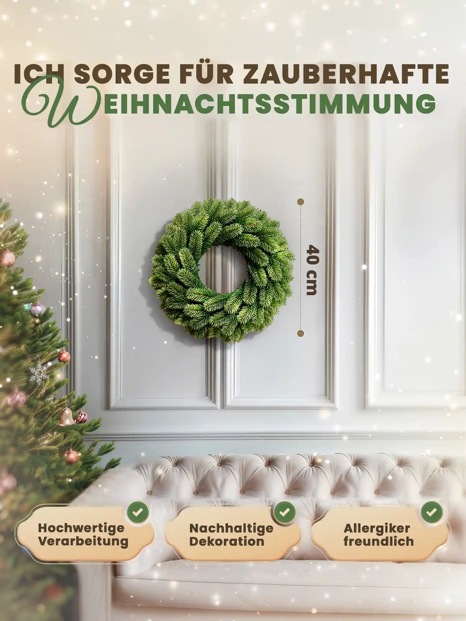 ArtiTree Weihnachtskranz mit Größenangabe 40 cm über Sofa, hochwertige Verarbeitung, nachhaltig und allergikerfreundlich