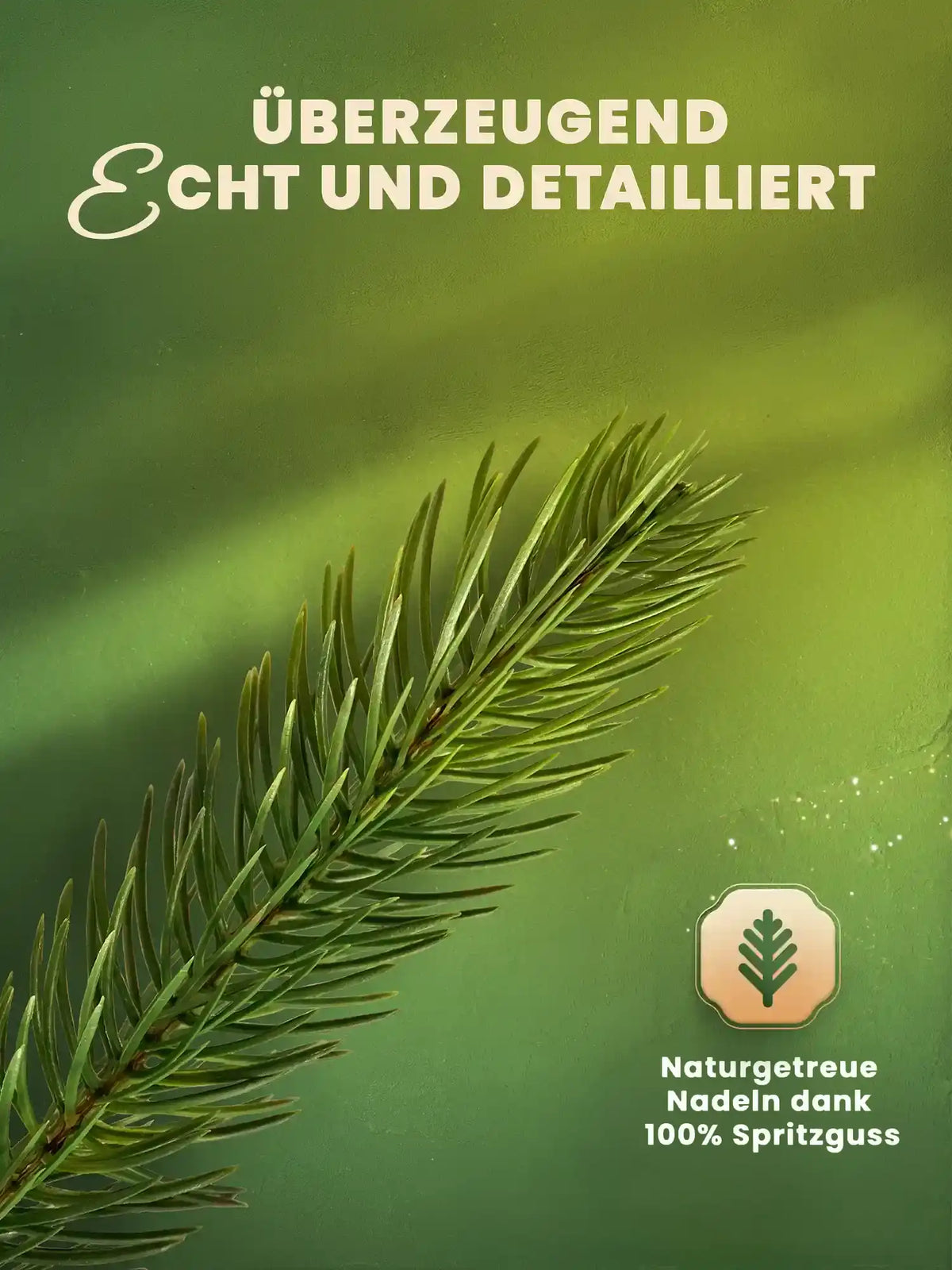 Detailaufnahme eines einzelnen Tannenzweigs mit naturgetreuen Nadeln aus 100% Spritzguss vor grünem Hintergrund