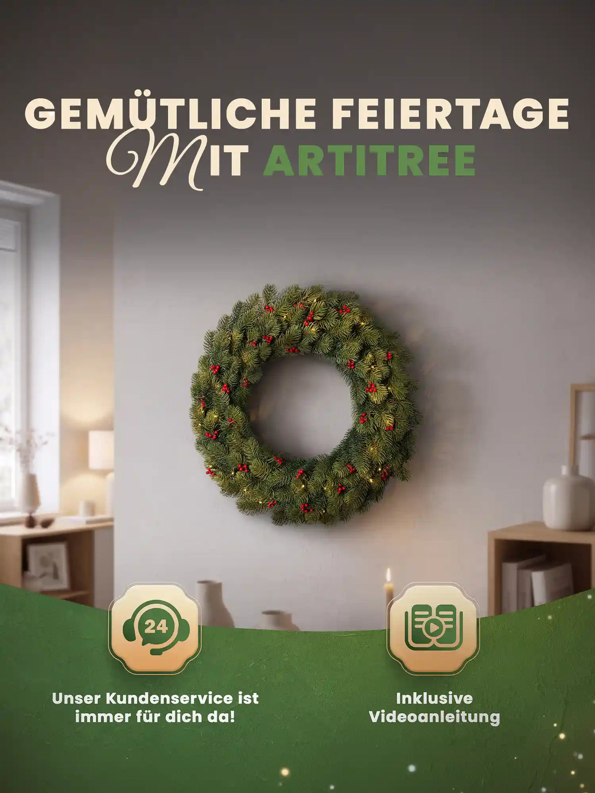 Ghirlanda natalizia artificiale con bacche rosse e luci LED, appesa come decorazione in un accogliente soggiorno
