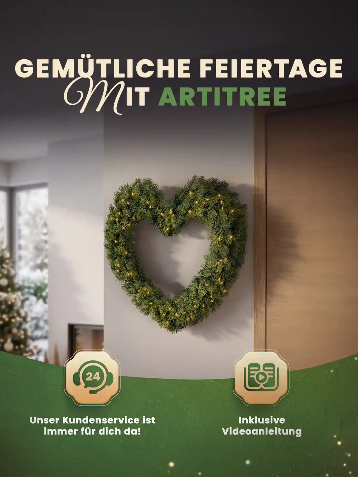 Couronne de Noël artificielle en forme de cœur avec éclairage LED, accrochée en décoration sur un mur clair dans un salon chaleureux
