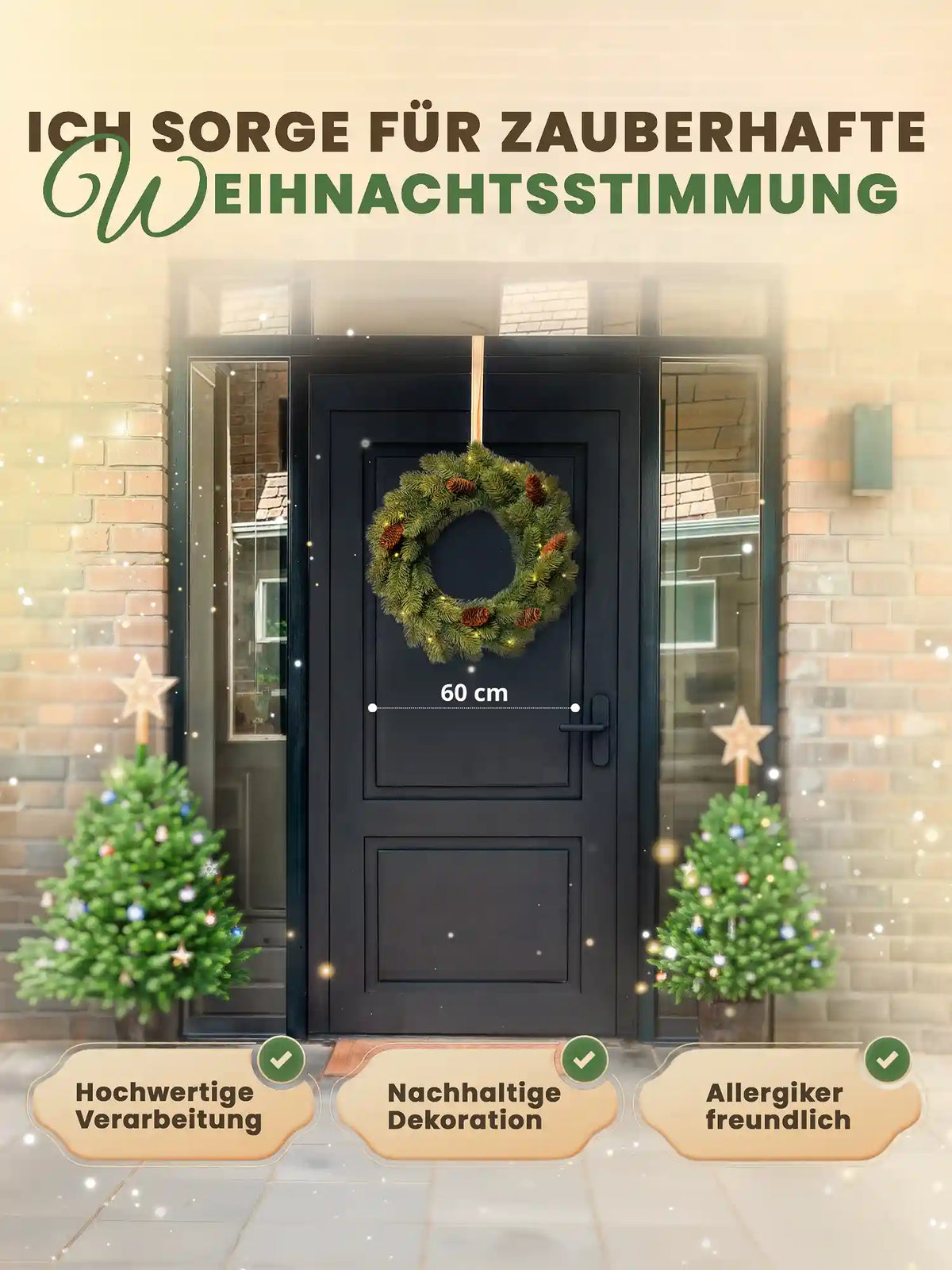 Ghirlanda natalizia artificiale da porta da 60 cm di ArtiTree con pigne su una porta d’ingresso nera