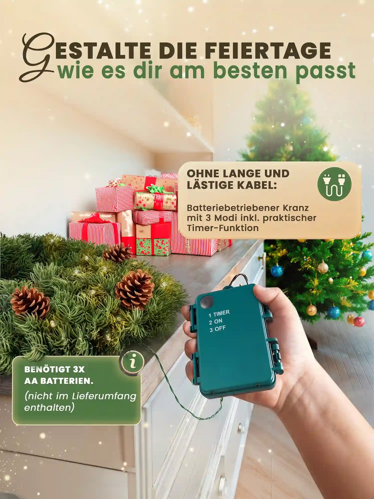 Ghirlanda natalizia a batteria di ArtiTree con timer: una mano tiene il controller, mentre la ghirlanda è appoggiata su una cassettiera
