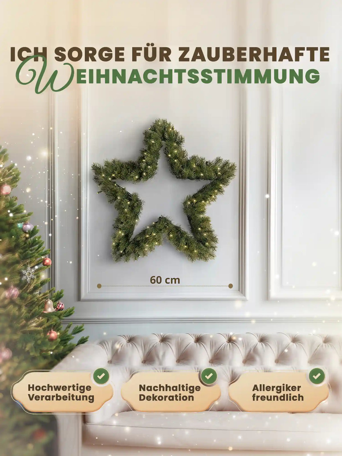 Couronne de Noël artificielle en forme d’étoile de 60 cm par ArtiTree, avec indication des dimensions, sur un mur blanc