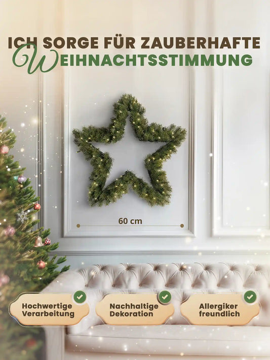 Couronne de Noël artificielle en forme d’étoile de 60 cm par ArtiTree, avec indication des dimensions, sur un mur blanc