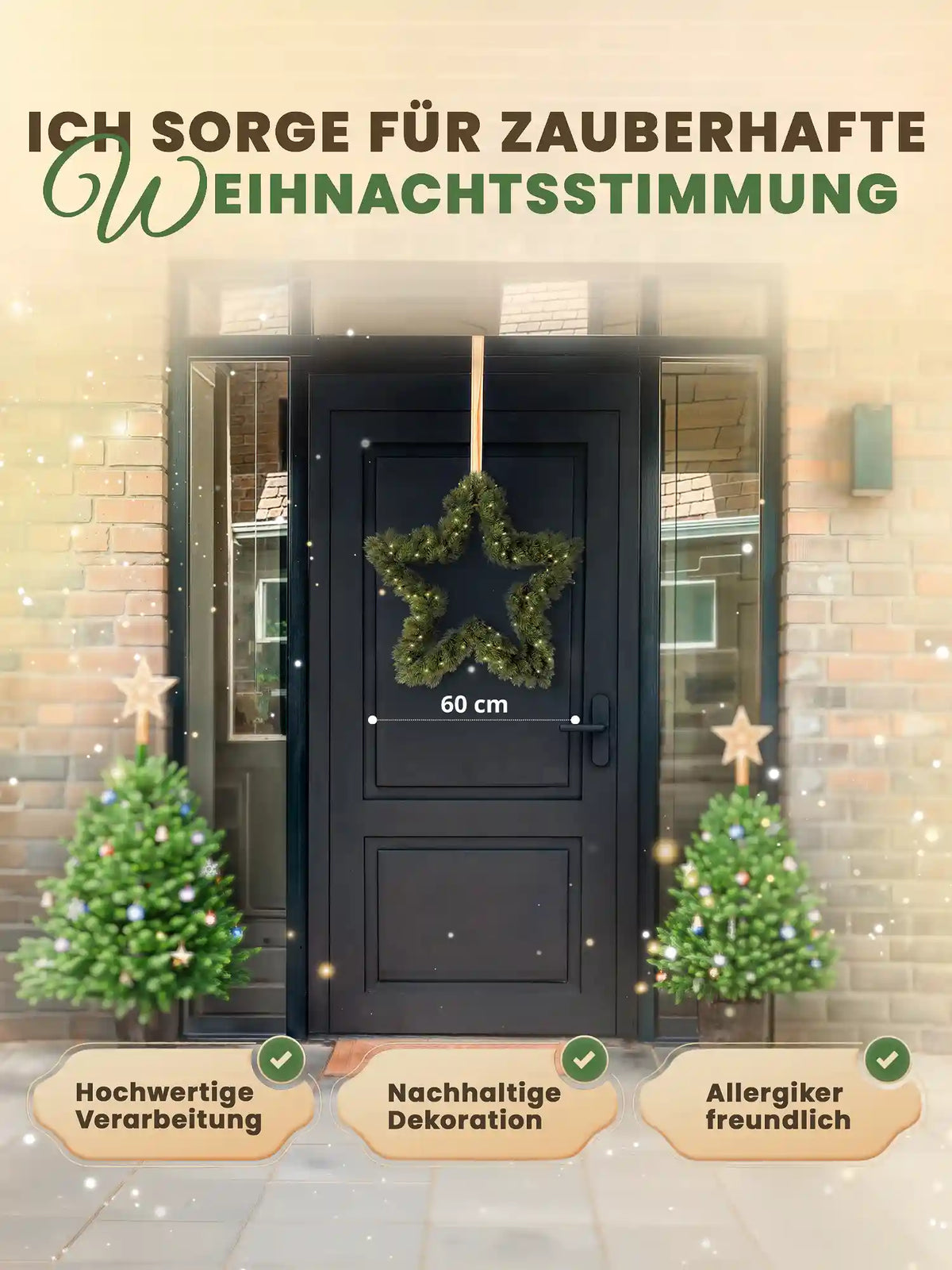 Couronne de Noël en forme d’étoile de 60 cm ArtiTree accrochée à une porte d’entrée noire
