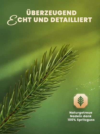 Detailaufnahme eines einzelnen Tannenzweigs mit naturgetreuen Nadeln aus 100% Spritzguss vor grünem Hintergrund