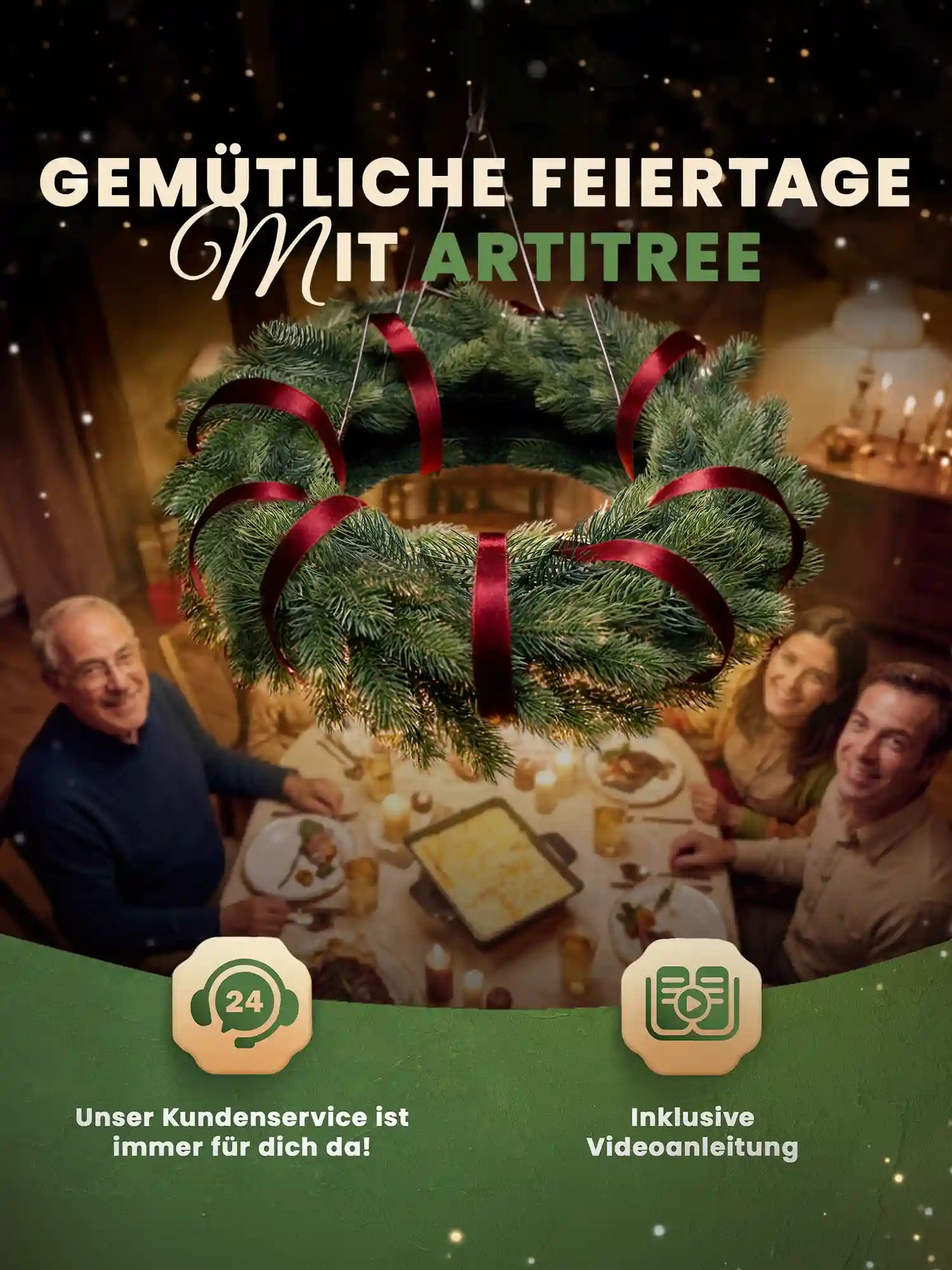 Weihnachtskranz mit roten Samtbändern über festlich gedecktem Esstisch mit Familie, ArtiTree Markendarstellung