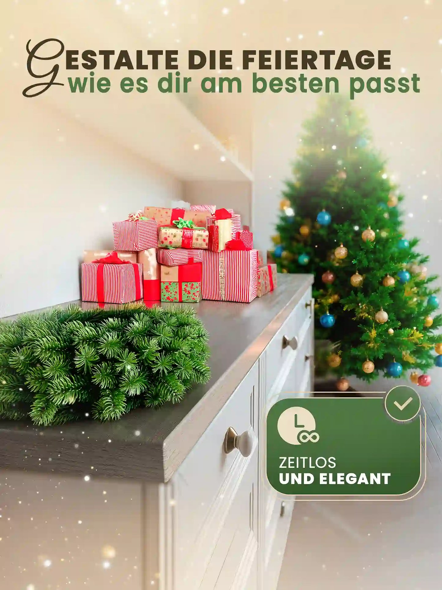 Künstlicher Tannenkranz auf Sideboard neben verpackten Geschenken und geschmücktem Weihnachtsbaum, zeitlose Dekoration