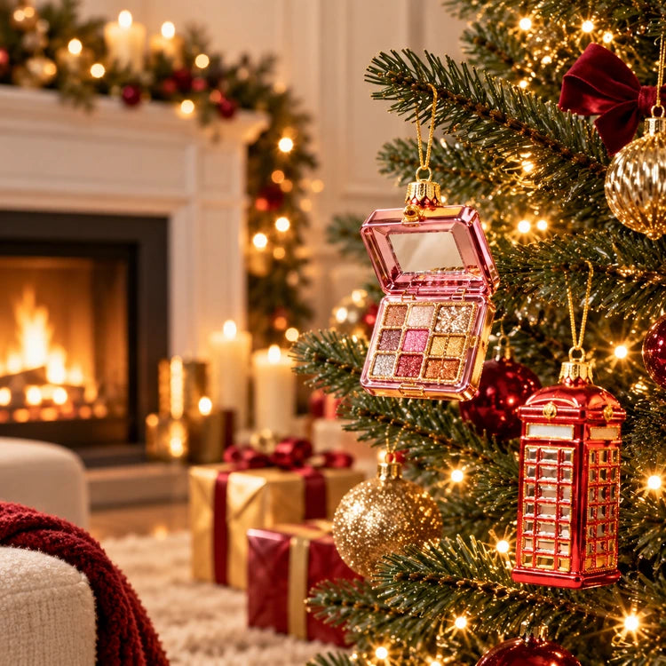 Hochwertige Weihnachtsanhänger aus Glas am beleuchteten Weihnachtsbaum, darunter eine rosa Make-up-Palette und eine rote Londoner Telefonzelle.
