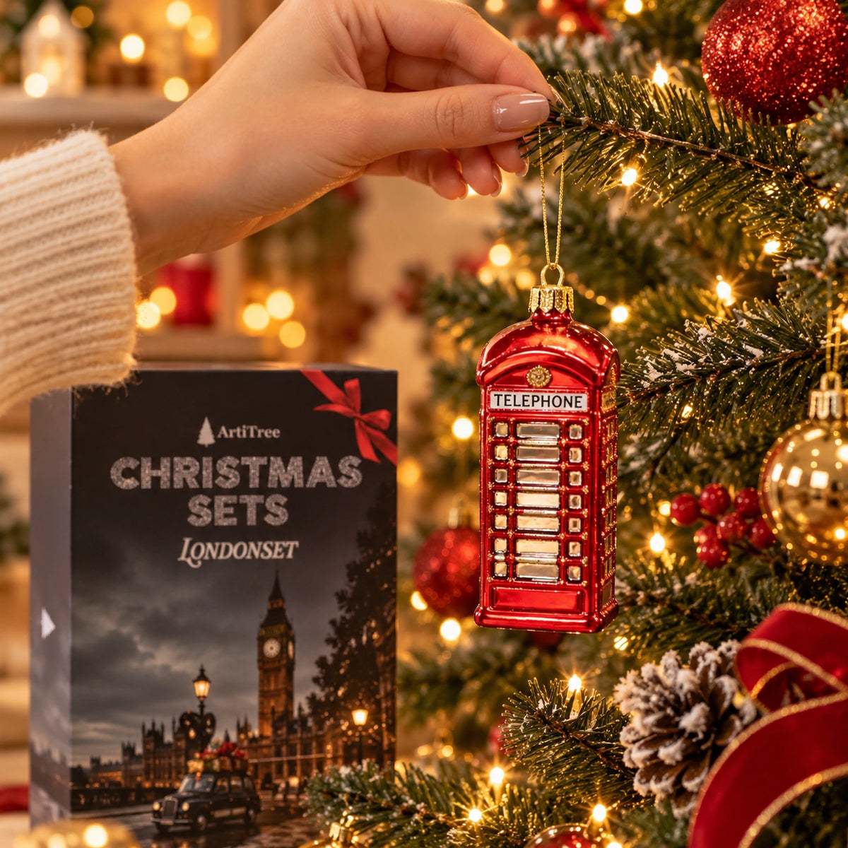 Rote Londoner Telefonzelle als Weihnachtsbaumanhänger aus Glas, mit goldener Aufhängeschnur an einem beleuchteten Tannenzweig befestigt.