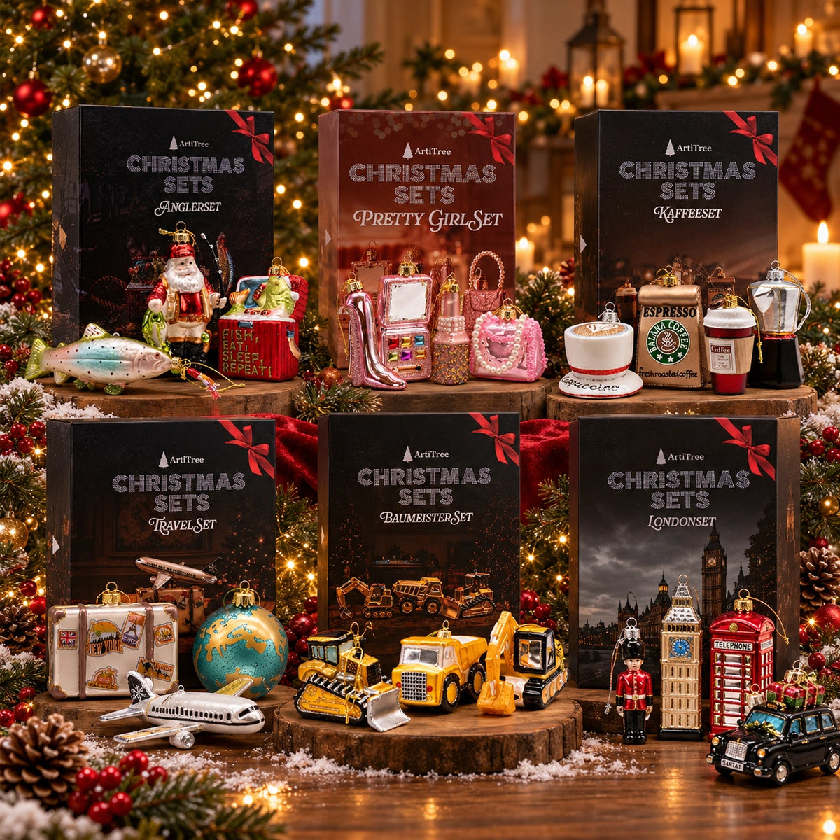 Auswahl verschiedener ArtiTree Glasfigurensets mit Weihnachtsbaumanhängern aus Glas: Angler, Pretty Girl, Kaffee, Travel, Baumeister und London, festlich präsentiert.