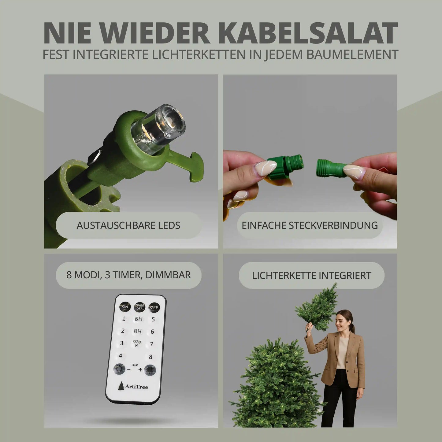 Künstlicher Weihnachtsbaum Nordmanntanne mit integrierter LED-Lichterkette, austauschbaren LEDs, Stecksystem und Fernbedienung mit 8 Modi und Timer