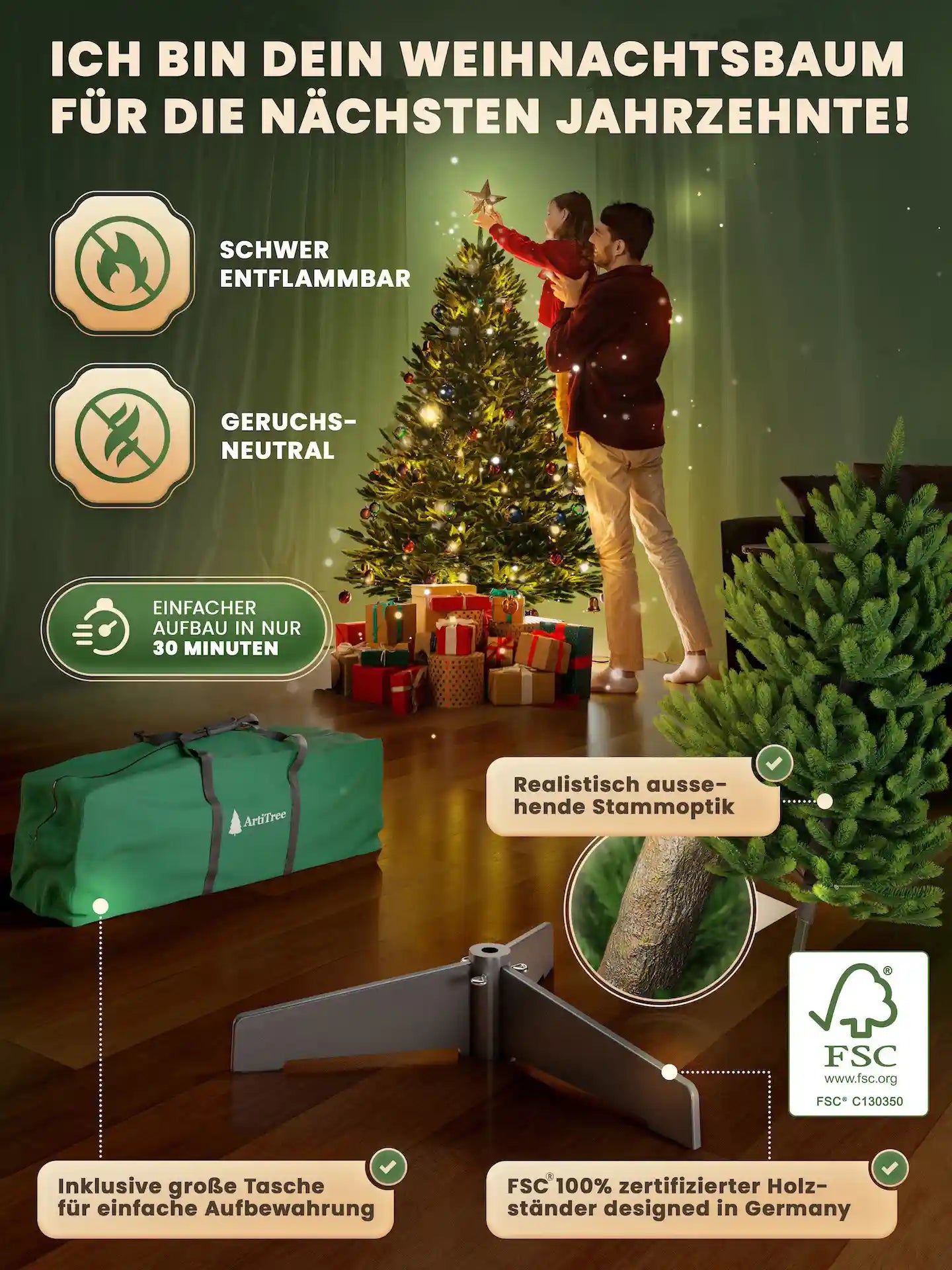 Künstlicher Weihnachtsbaum von ArtiTree mit realistischer Stammoptik, FSC®-zertifiziertem Holzständer und einfacher Montage – Familie dekoriert geschmückten Christbaum im Wohnzimmer