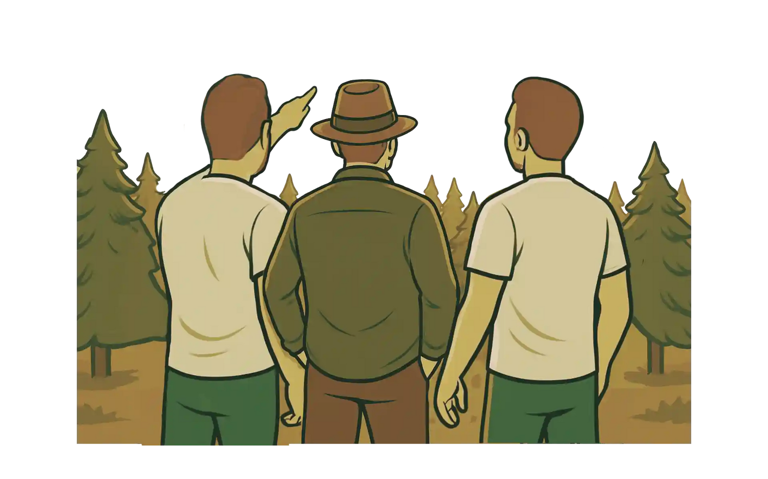 Drei Gründer schauen auf eine Weihnachtsbaum Plantage Comic