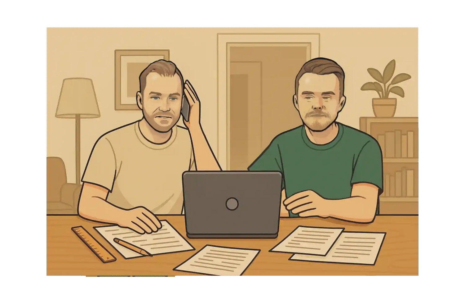 Jan und Björn arbeiten an einem Computer als Comic