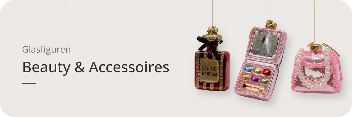 Kategorie Beauty & Accessoires – ArtiTree Glasfiguren: Parfümflasche, Lidschatten-Palette und goldene Handtasche als Vorschau der Glasfiguren-Kollektion