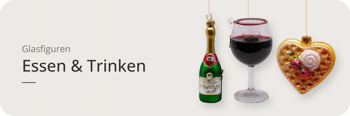 Kategorie Essen & Trinken – ArtiTree Glasfiguren: Champagnerflasche, Rotweinglas und Herzwaffel mit Erdbeeren als Vorschau der Glasfiguren-Kollektion