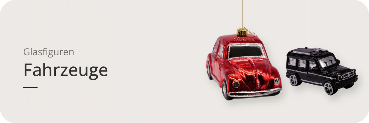 Kategorie Fahrzeuge – ArtiTree Glasfiguren: Roter VW Käfer und schwarzer Geländewagen als Vorschau der Glasfiguren-Kollektion