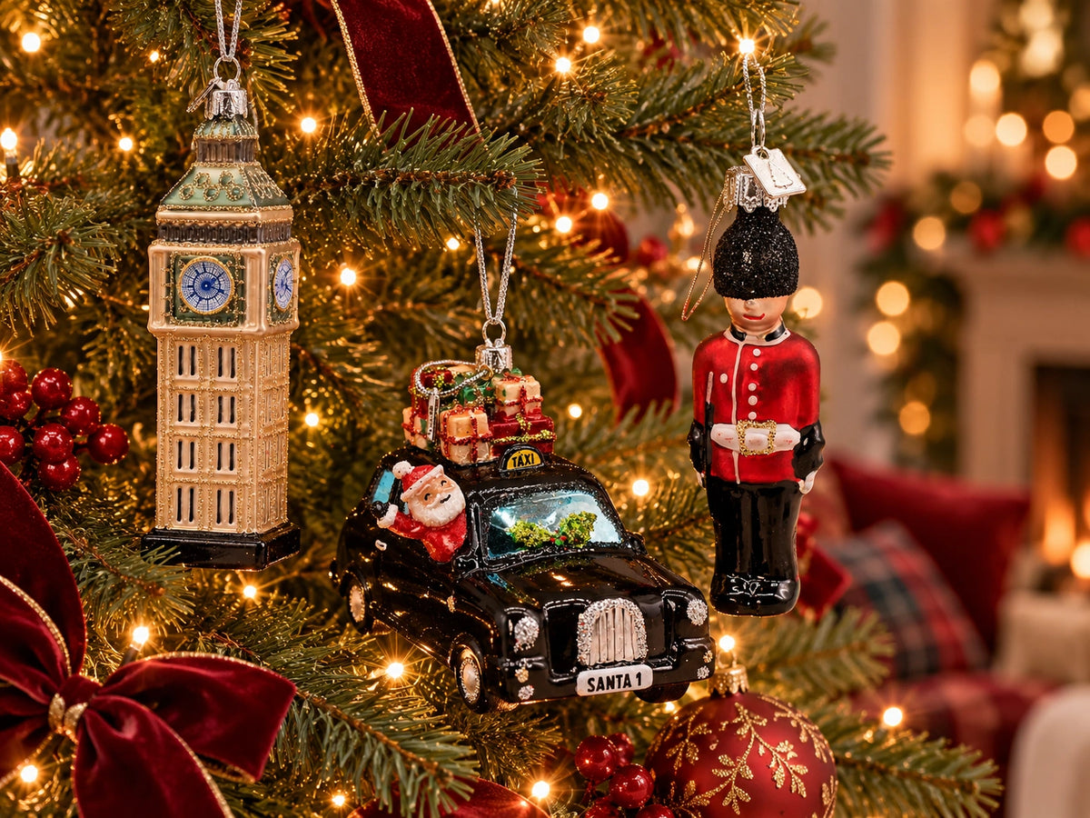 ArtiTree Glasfiguren Reisen London: Big Ben, Englisches Taxi mit Weihnachtsmann und Englischer Gardist als Glasornamente am Weihnachtsbaum