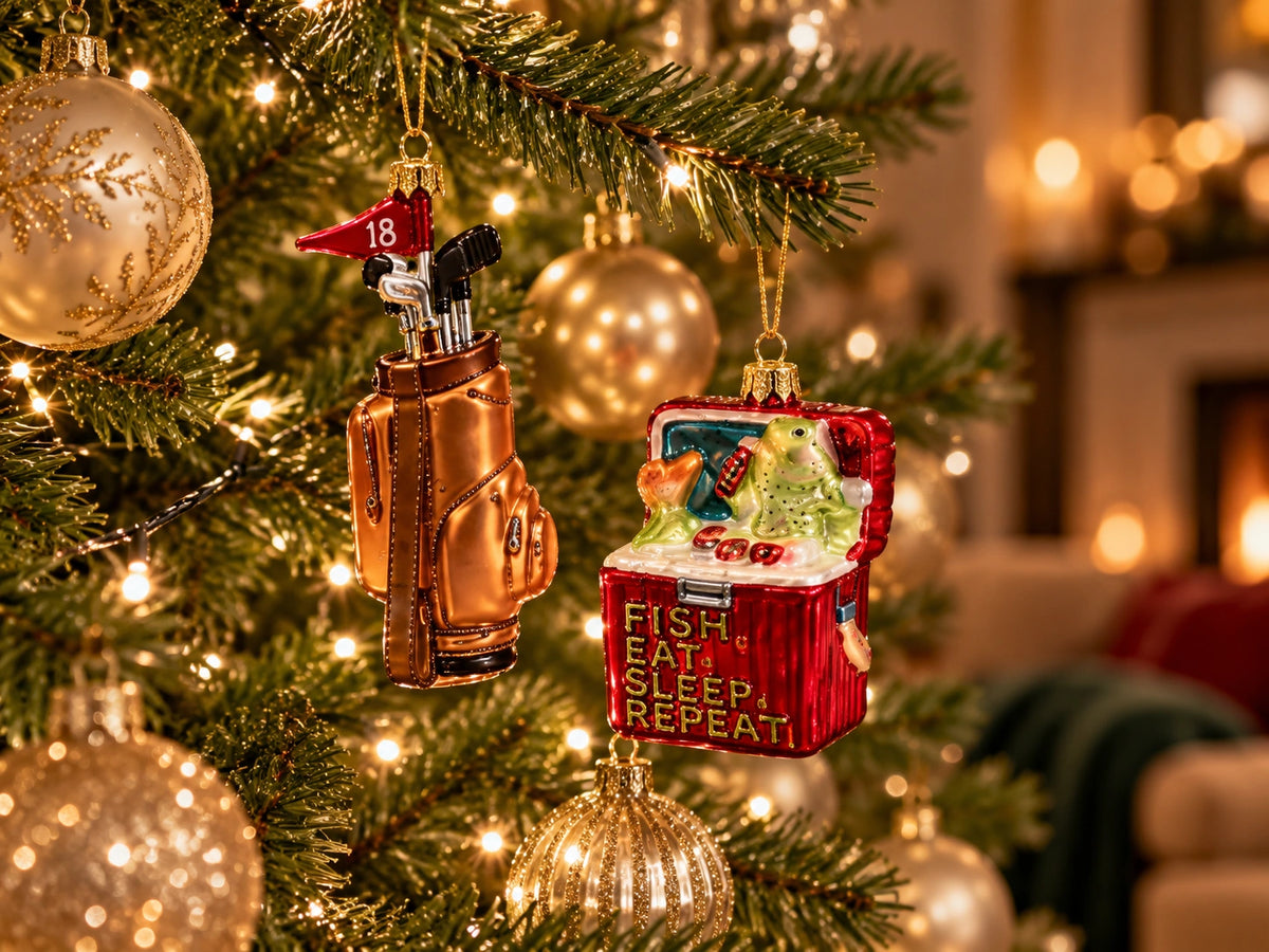 ArtiTree Glasfiguren Sport & Hobby: Kupferfarbene Golftasche mit roter Fahne und rote Angelkiste mit Aufschrift „Fish Eat Sleep Repeat" als Glasornamente am Weihnachtsbaum – Lifestyle-Bild Dein Hobby
