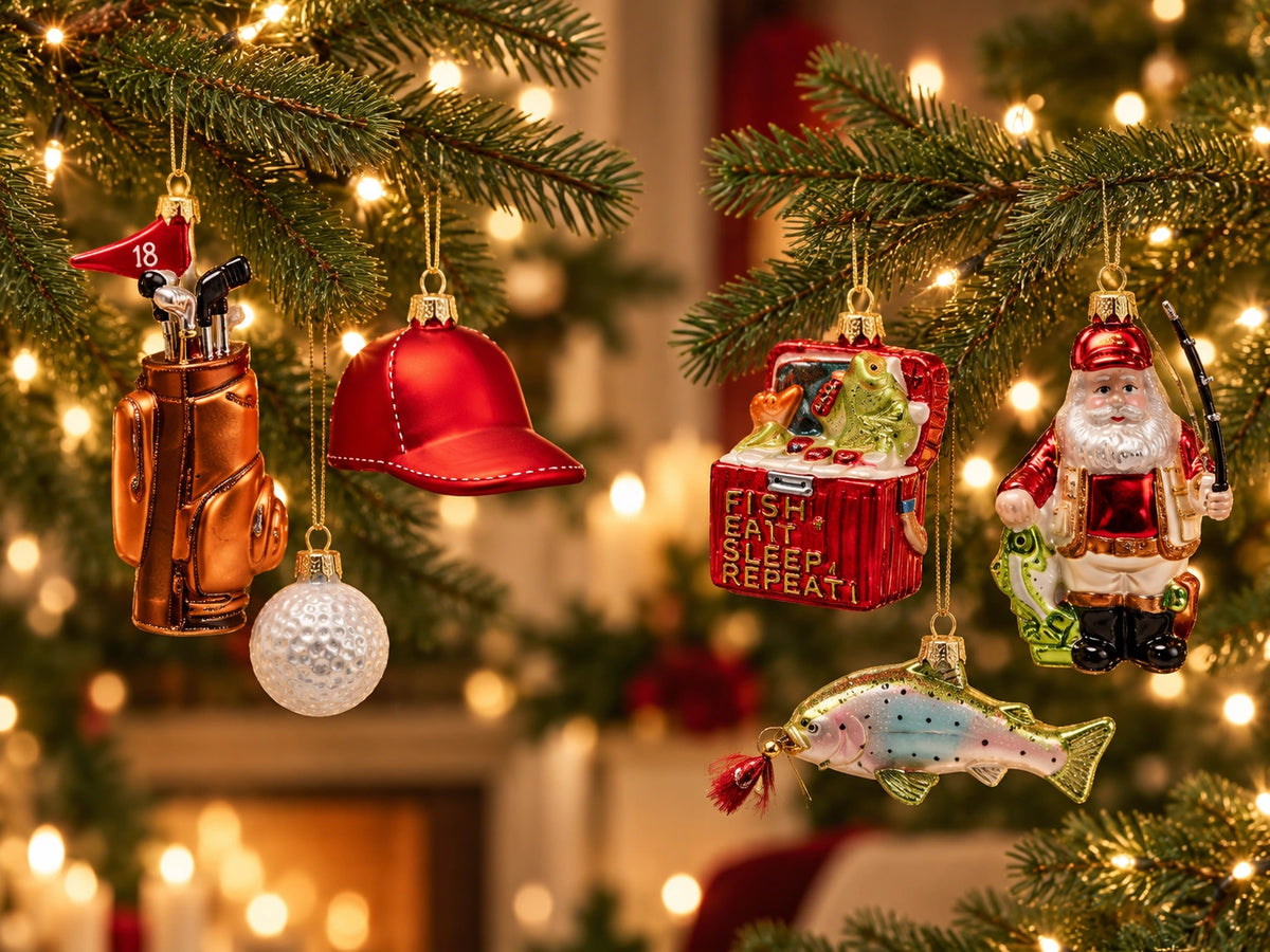 ArtiTree Glasfiguren Golf & Angeln: Golftasche, roter Golfcap, Golfbälle, Angelkiste, Santa als Angler und Forelle als Glasornamente am Weihnachtsbaum