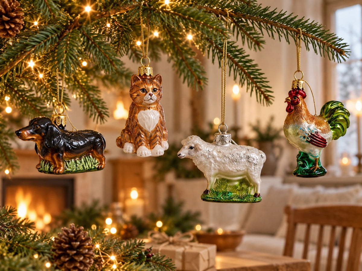 ArtiTree Glasfiguren Haus- und Hoftiere: Dackel, Katze, Schaf und Hahn als Glasornamente am Weihnachtsbaum – Lifestyle-Arrangement