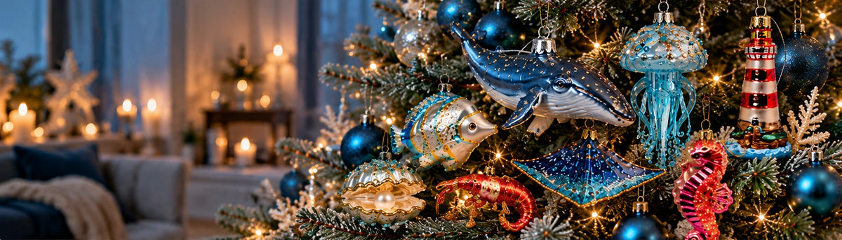 ArtiTree Glasfiguren Unterwasserwelt: Blauer Wal, türkise Qualle, Muschelschale mit Perle, blauer Stachelrochen, rote Garnele, Leuchtturm und pinkes Seepferdchen als Glasornamente am Weihnachtsbaum