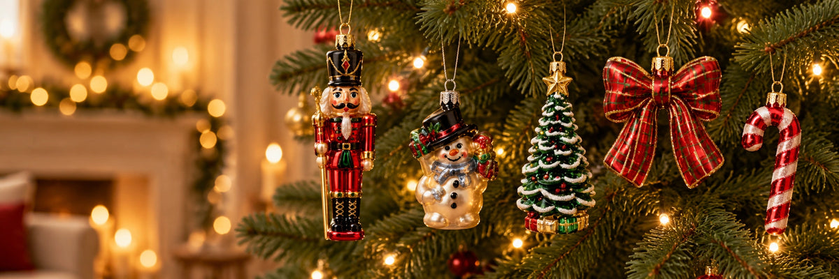 ArtiTree Glasfiguren Weihnachtsklassiker: Roter Nussknacker, Schneemann mit schwarzem Hut, kleiner Weihnachtsbaum, karierte Schleife in Rot und Zuckerstange als Glasornamente am festlich beleuchteten Weihnachtsbaum