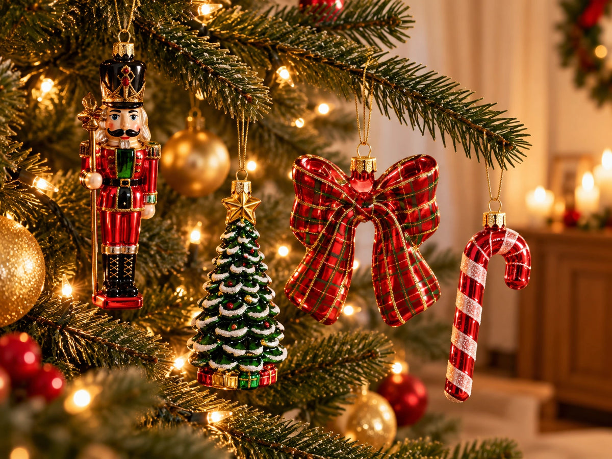 ArtiTree Glasfiguren Weihnachtsklassiker Nostalgie: Roter Nussknacker, kleiner Weihnachtsbaum, karierte Schleife in Rot und Zuckerstange als Glasornamente am festlich geschmückten Weihnachtsbaum