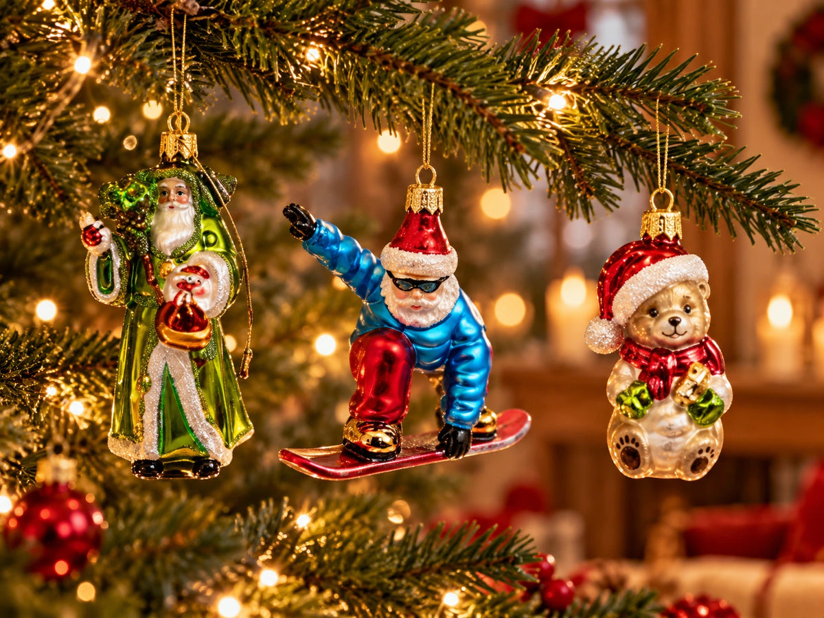 ArtiTree Glasfiguren Santa mal anders: Klassischer Weihnachtsmann in Grün, Santa auf dem Snowboard in Blau-Rot und Teddybär mit Weihnachtsmütze als Glasornamente am Weihnachtsbaum