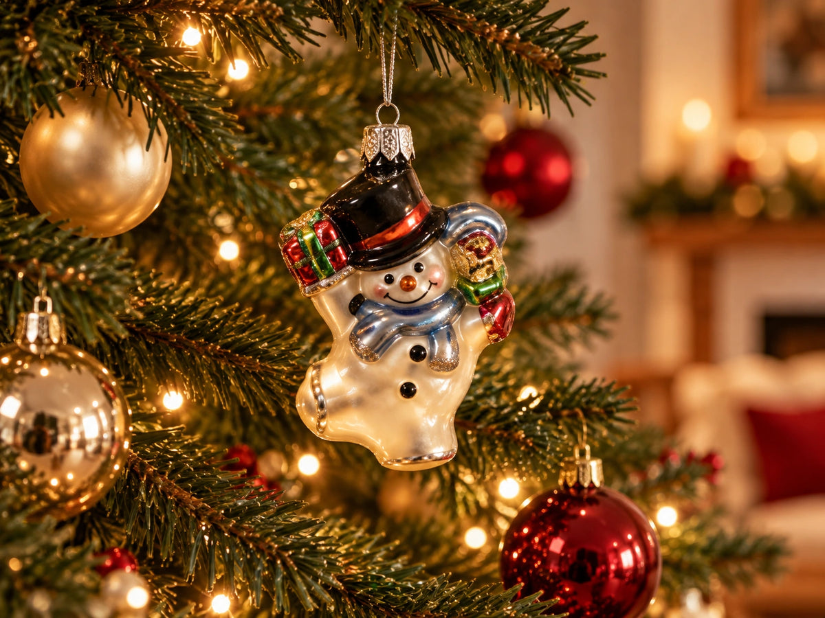 ArtiTree Glasfigur Schneemann: Lächelnder Schneemann mit schwarzem Hut und buntem Schal als Glasornament – Nahaufnahme am festlich beleuchteten Weihnachtsbaum
