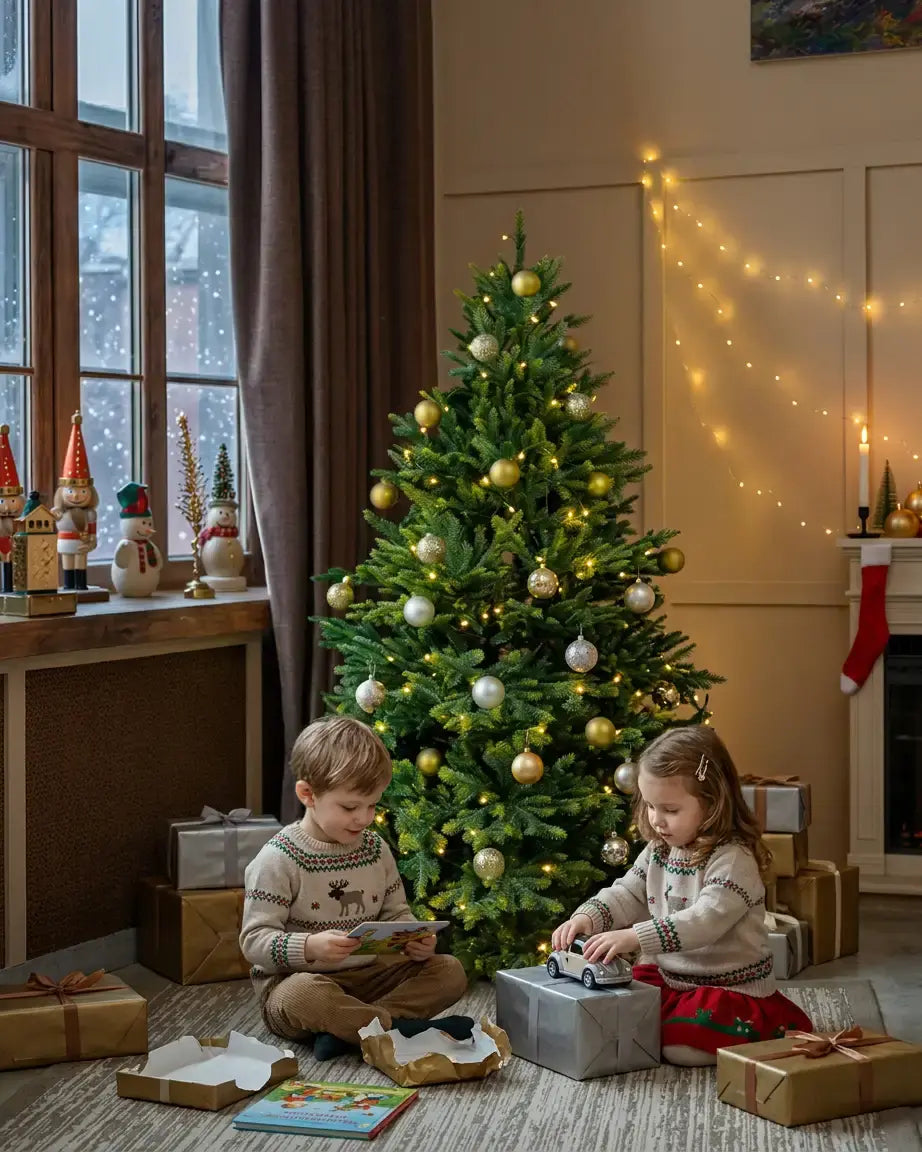 Kinder packen ihre Geschenke aus neben einem künstlichen Weihnachtsbaum Nordfichte 150cm von ArtiTree