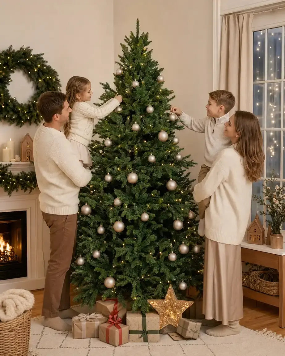 Familie schmückt künstlichen Weihnachtsbaum 240cm Nordfichte von Artitree