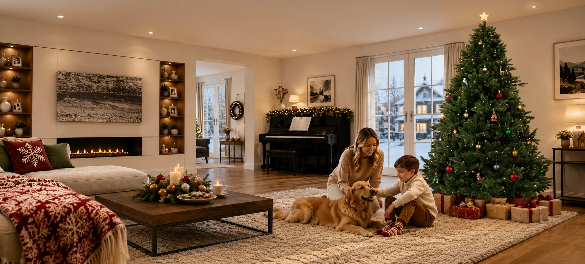 Famille assise à côté d’un sapin de Noël artificiel ArtiTree avec éclairage intégré