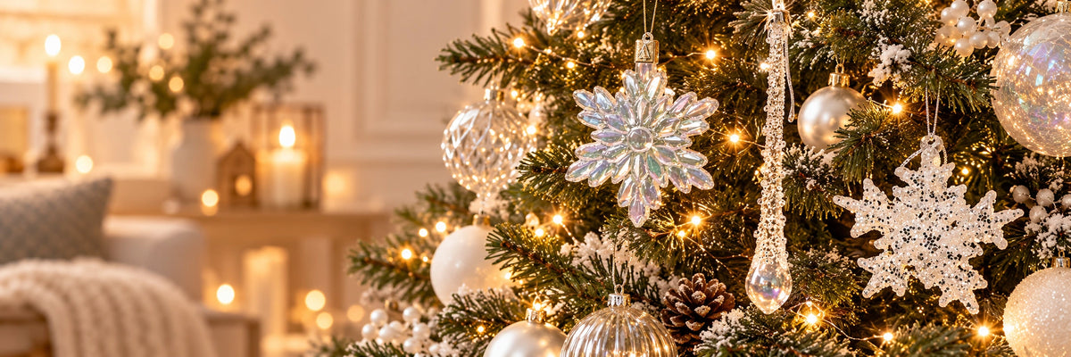 ArtiTree Glasfiguren Winterweiß: Irisierende Schneeflocke, kristalliner Eiszapfen und weiße Glitzerschneeflocke als Glasornamente am beleuchteten Weihnachtsbaum – winterliches Arrangement mit Kerzen im Hintergrund