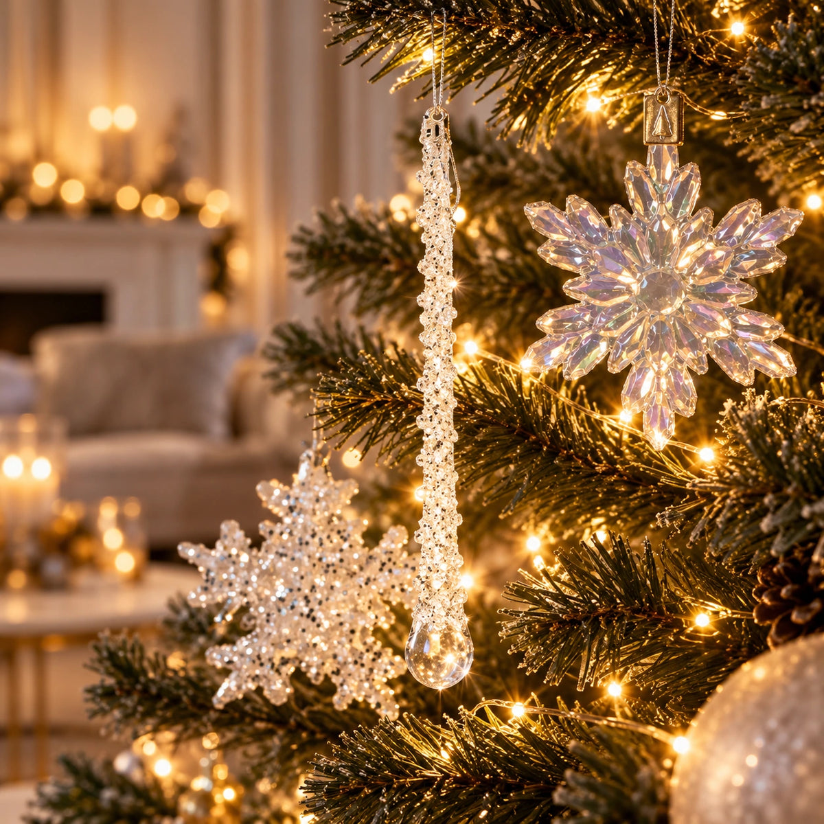 ArtiTree Glasfiguren Winterweiß: Weiße Glitzerschneeflocke, kristalliner Perleneiszapfen und große irisierende Schneeflocke als Glasornamente am beleuchteten Weihnachtsbaum – Nahaufnahme