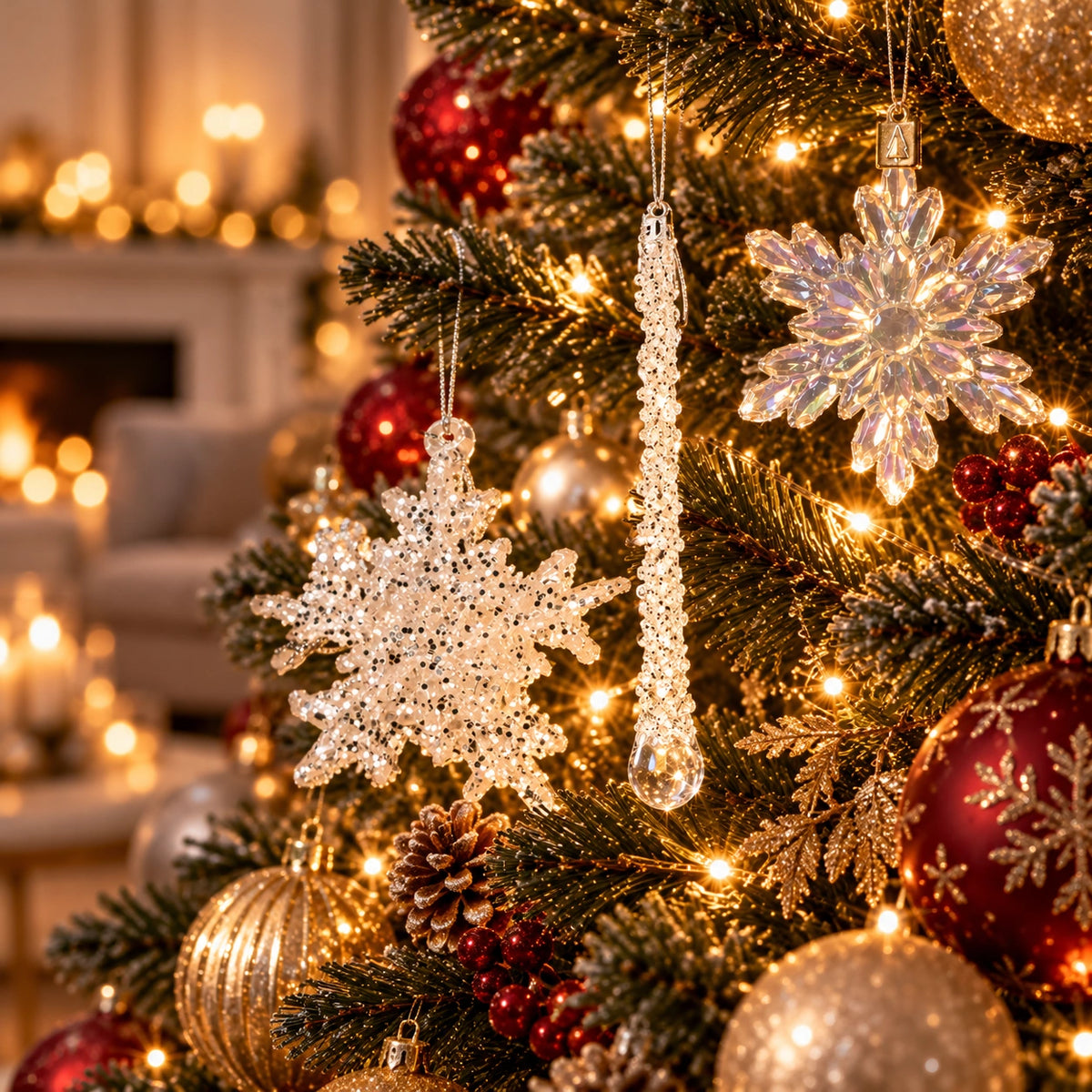 ArtiTree Glasfiguren Winterweiß: Weiße Glitzerschneeflocke, kristalliner Eiszapfen und irisierende Schneeflocke am festlich geschmückten Weihnachtsbaum mit goldenen und roten Kugeln